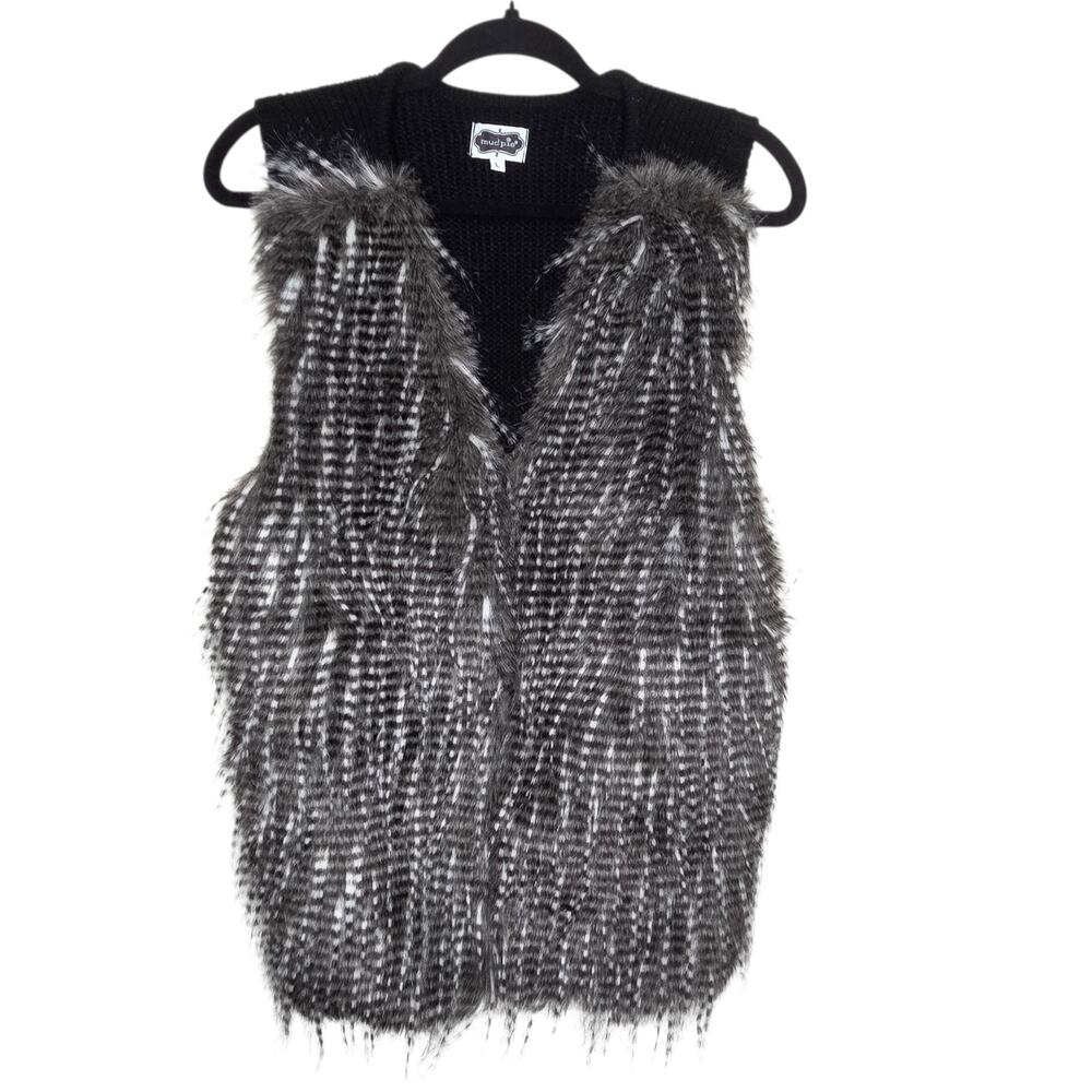 Mud‎ Pie Womens Faux Fur Feather Gray Festival Indie Sweater Vest SZ L Cozy Y2K